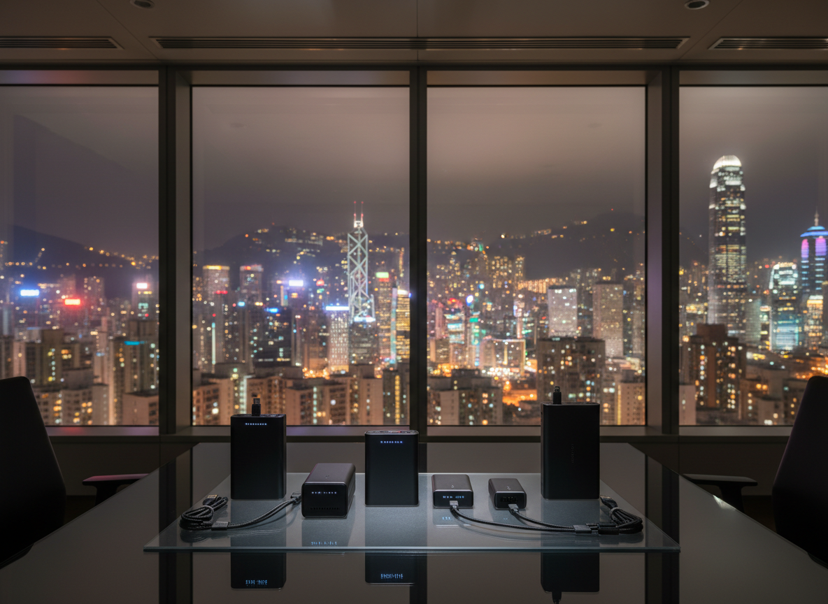 A nighttime photographic cityscape backdrop of densely packed Hong Kong high-rises with glowing windows, seen through large office windows behind a sleek glass-topped table displaying high-capacity power banks and durable charging cables. The products, in matte black and deep grey with discrete indicator LEDs, sit in the foreground in sharp focus, while the city lights form a soft bokeh background. Warm, focused desk lighting from above and slightly behind the products creates elegant rim highlights and subtle reflections on the glass surface. The composition uses rule of thirds, conveying a modern, urban, business-oriented mood that connects reliable electronic products with Hong Kong’s dynamic environment.