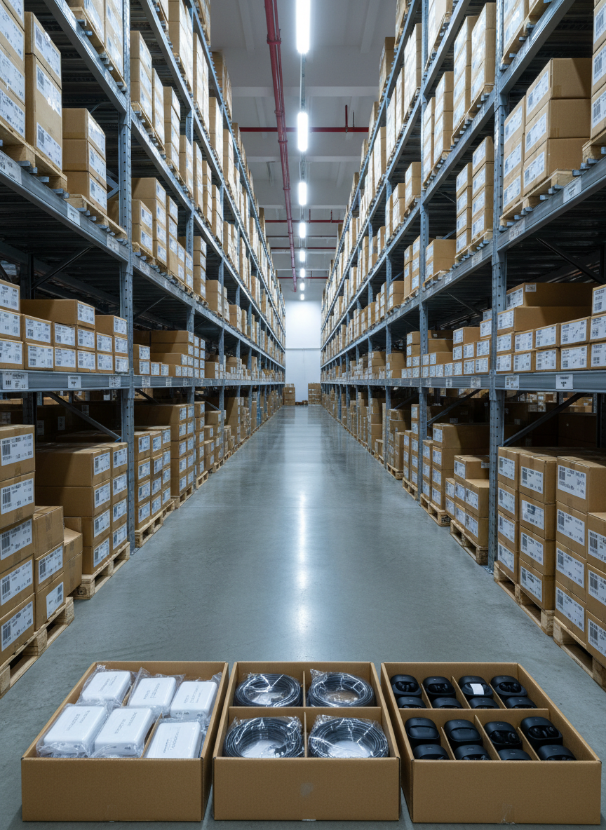 An expansive photographic view of a professional electronics warehouse in Tsuen Wan, Hong Kong, featuring rows of tall metal racks loaded with neatly labeled cartons of power banks, charging cables, and assorted small electronics. In the foreground, several open cartons reveal neatly arranged, unbranded white and black devices sealed in protective packaging. Cool, bright industrial ceiling lights cast clean, crisp illumination across the polished concrete floor, creating subtle reflections and long, tidy shadows from the racks. Captured from a slightly elevated wide-angle perspective, the composition emphasizes scale and efficiency, with a calm, orderly, business-focused mood suitable for a wholesale electronics company website.