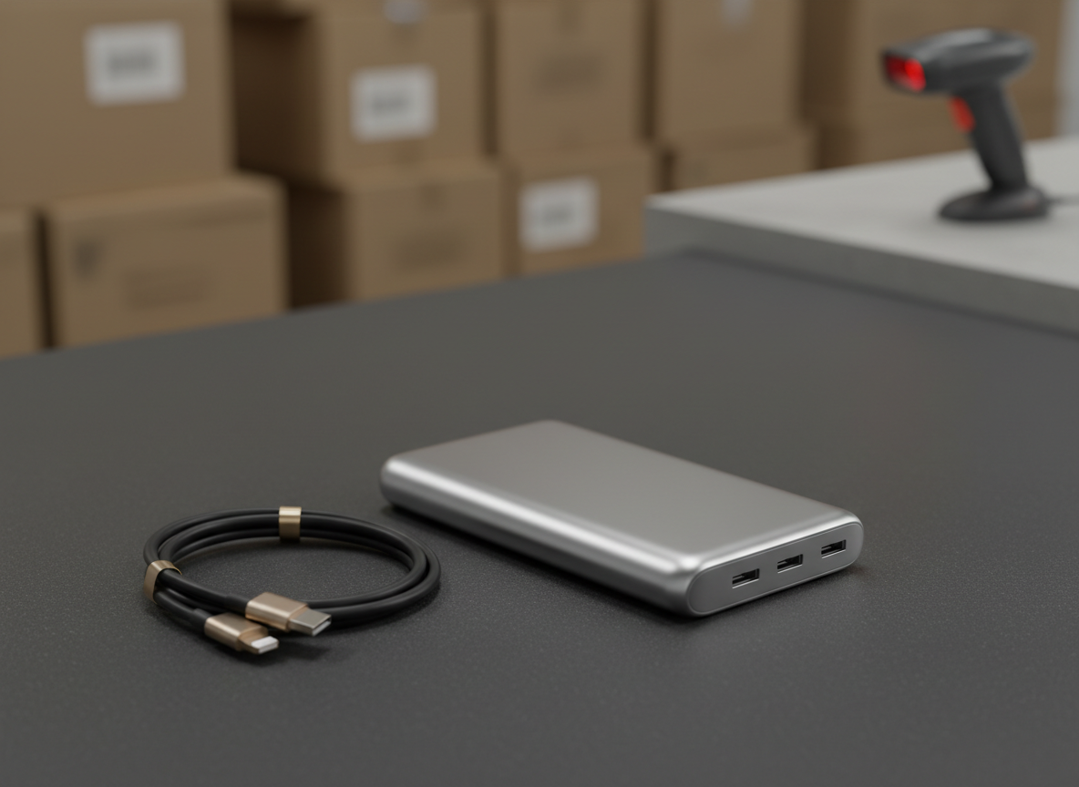 A close-up, photographic shot of a premium, slim power bank with a brushed metal finish and soft rounded edges, resting on a dark grey textured office desk. Next to it, two high-quality charging cables—one USB-C, one Lightning—are coiled neatly with reinforced connectors and subtle metallic accents. In the blurred background, cardboard shipping boxes and a barcode scanner on a counter hint at wholesale logistics. Soft, directional studio lighting from the right creates gentle highlights along the power bank’s edges and a shallow shadow to the left. Shallow depth of field isolates the products, conveying precision, reliability, and a clean, modern B2B aesthetic.