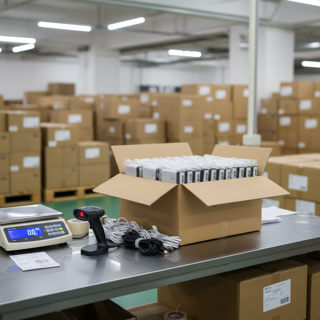 A detailed photographic shot of a packing and inspection station inside a Hong Kong electronics wholesaler’s facility. The foreground shows an open carton on a sturdy workstation, filled with neatly arranged power banks protected in clear sleeves alongside coiled charging cables secured with simple bands. Nearby, a digital scale and handheld barcode scanner rest on the table, with more sealed cartons stacked on pallets in the softly blurred background. Bright, neutral overhead lighting ensures every surface is clearly visible, minimizing shadows. Captured from an eye-level angle with moderate depth of field, the mood communicates precision, reliability, and organized B2B operations without showing any people.