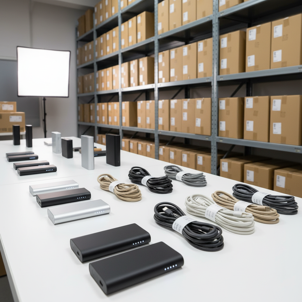 A neatly organized display of modern power banks and charging cables arranged on a clean white showroom table in a Hong Kong electronics wholesale office. Sleek metallic and matte black power banks with subtle indicator lights are lined up beside braided USB-C and Lightning cables in neutral tones. Behind them, tall warehouse shelving filled with neatly stacked, unbranded brown cartons suggests bulk inventory. Soft, even studio-style lighting from above and the side creates gentle reflections on the devices and clear, professional shadows. Photographic realism, shot at eye level with a slight angle, sharp focus throughout, conveying a trustworthy, professional B2B electronics supplier atmosphere.