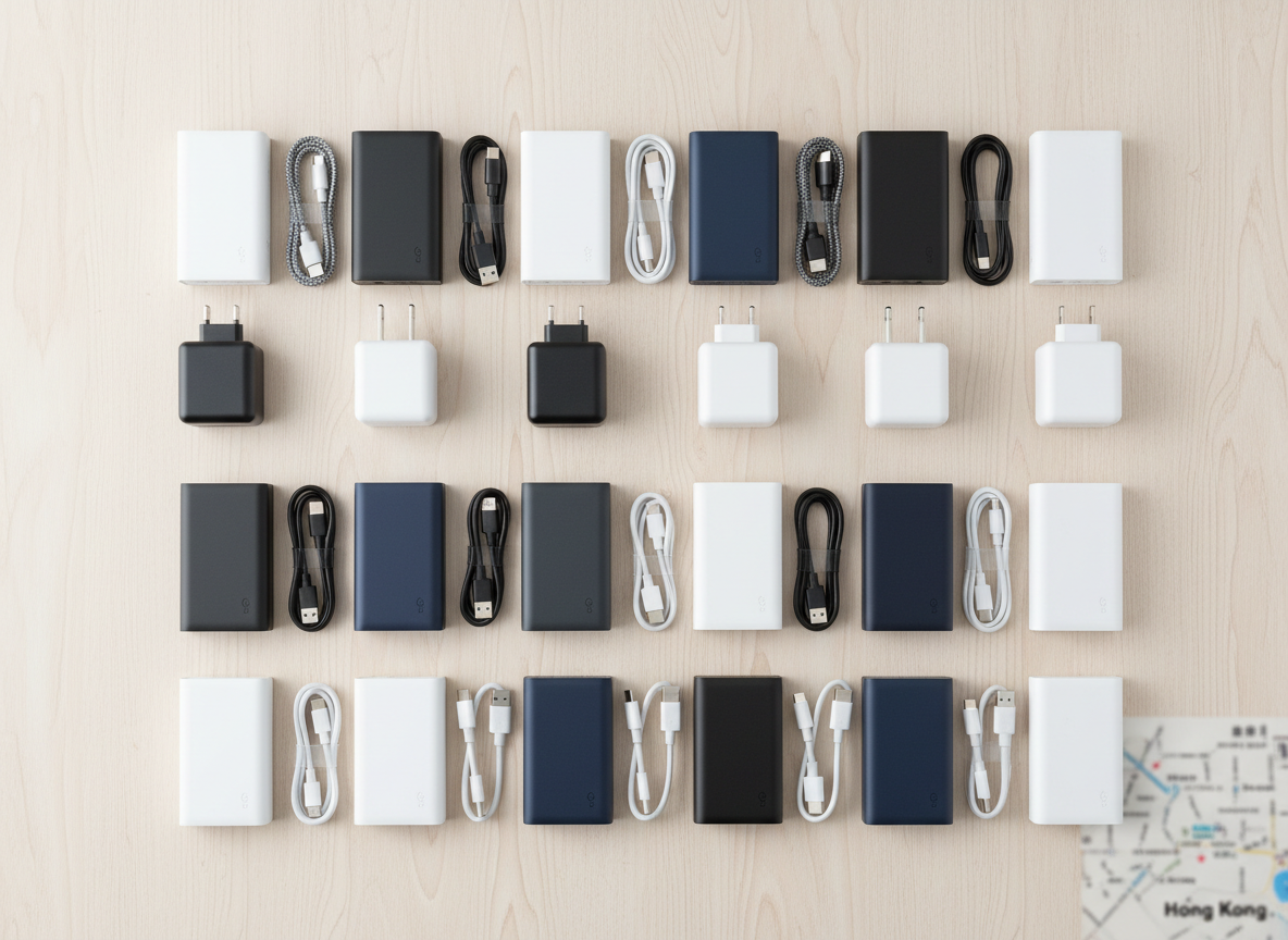 A clean, photographic flat-lay composition of assorted wholesale electronic accessories arranged on a light wood surface: multiple capacities of minimalist power banks in white, black, and dark blue; coiled charging cables with braided and smooth finishes; compact wall chargers and small adapters. Each item is spaced evenly, forming a grid that suggests catalog clarity and bulk ordering options. Soft, diffused overhead lighting eliminates harsh shadows, giving each product clear edges and gentle highlights. The mood is orderly and professional, with a subtle hint of Hong Kong context through a small, out-of-focus street map fragment in the corner, keeping attention firmly on the electronics.