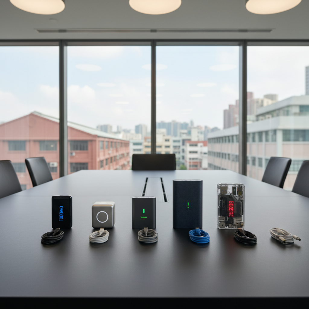 A stylish photographic scene of a minimalist meeting area inside a wholesale electronics office, featuring a matte black conference table with several sample power banks and charging cables arranged in a tidy row. Each device is different in capacity or design, with subtle LED indicators and clean, unbranded surfaces. Behind the table, large windows hint at an urban Hong Kong industrial district with softly blurred warehouses and mid-rise buildings. Natural daylight streams in, supplemented by soft overhead lighting, creating gentle highlights on the products and soft shadows underneath. Shot from a low, slightly angled perspective, the composition feels professional, modern, and ideal for B2B presentations.