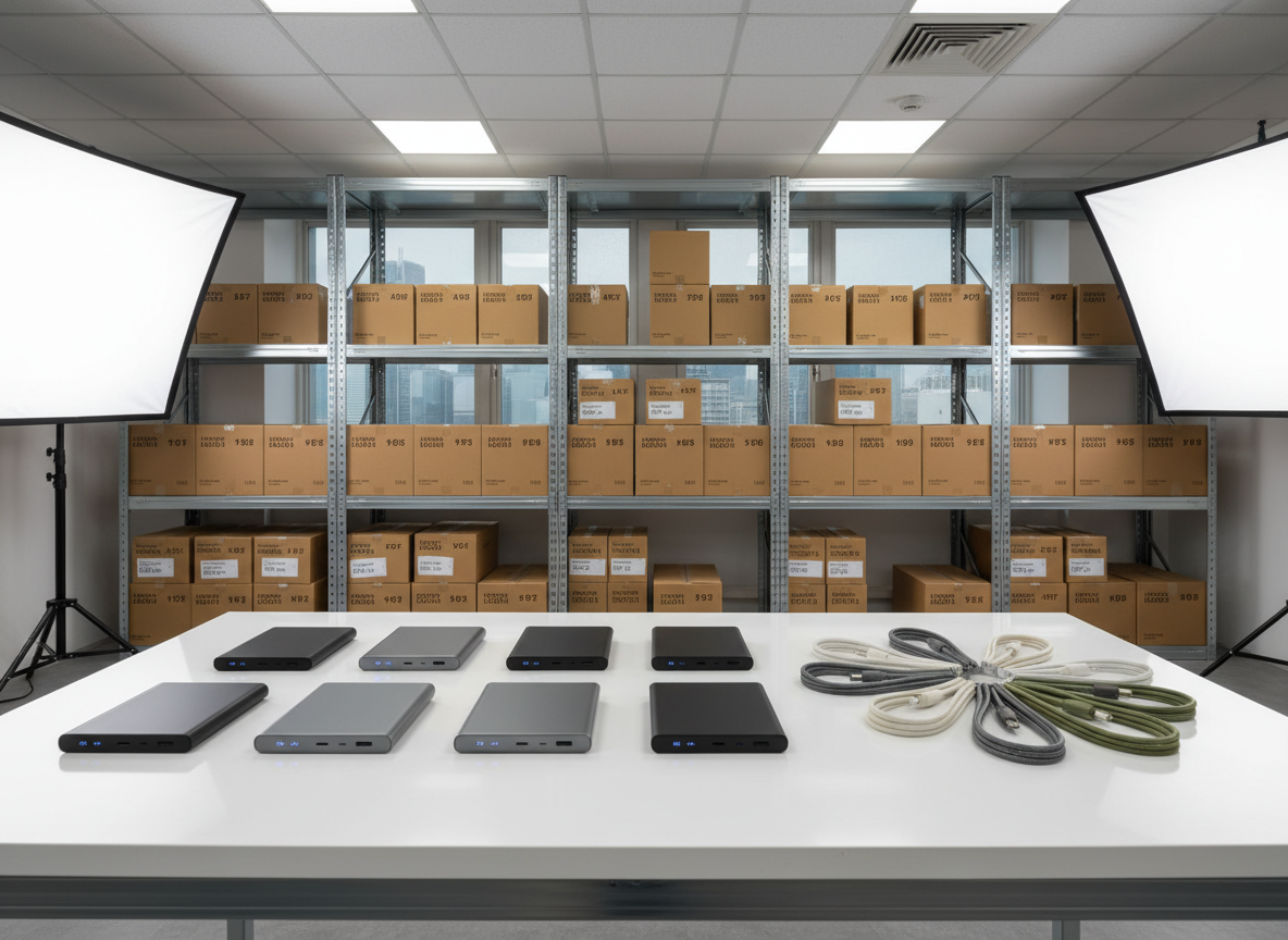A neatly organized display of modern power banks and charging cables arranged on a clean white showroom table in a Hong Kong electronics wholesale office. Sleek metallic and matte black power banks with subtle indicator lights are lined up beside braided USB-C and Lightning cables in neutral tones. Behind them, tall warehouse shelving filled with neatly stacked, unbranded brown cartons suggests bulk inventory. Soft, even studio-style lighting from above and the side creates gentle reflections on the devices and clear, professional shadows. Photographic realism, shot at eye level with a slight angle, sharp focus throughout, conveying a trustworthy, professional B2B electronics supplier atmosphere.